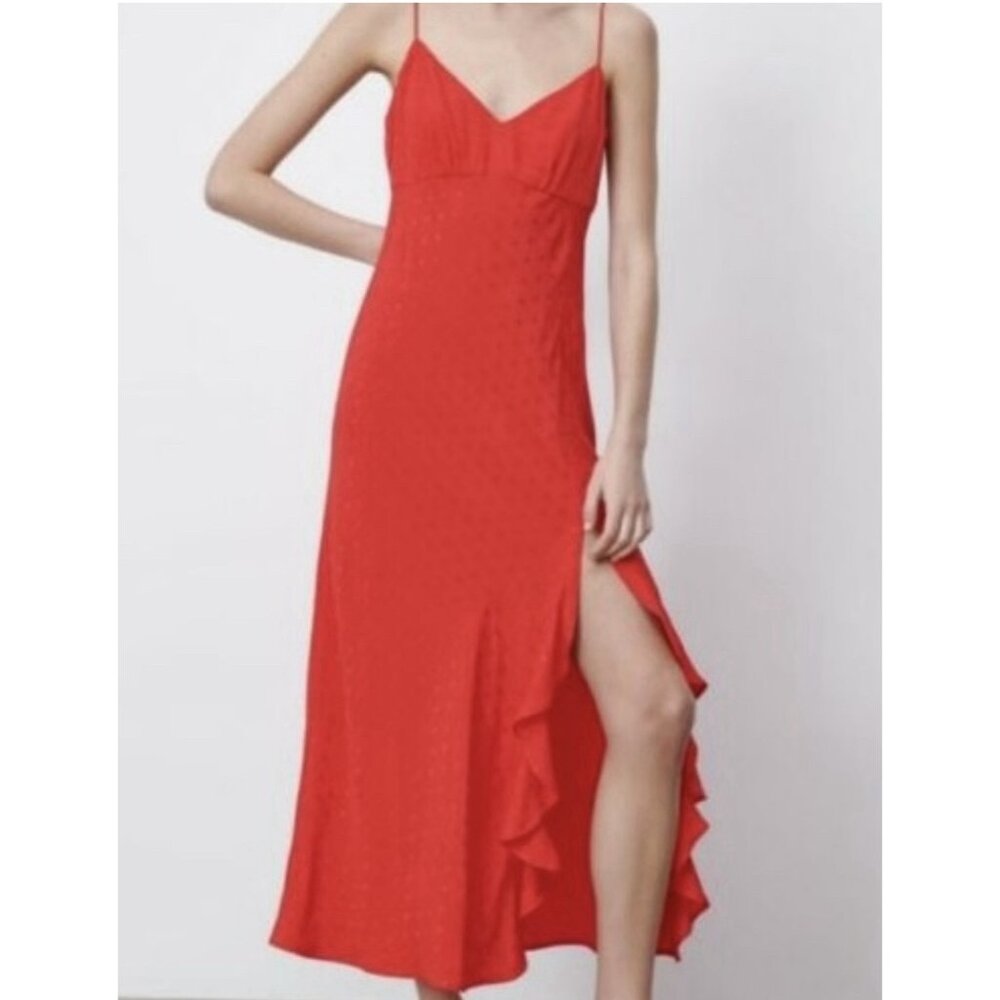 ZARA Women Red Jacquard Dotted Slip Dress Ruffle Medium Size Holiday Christmas - Picture 15 of 16